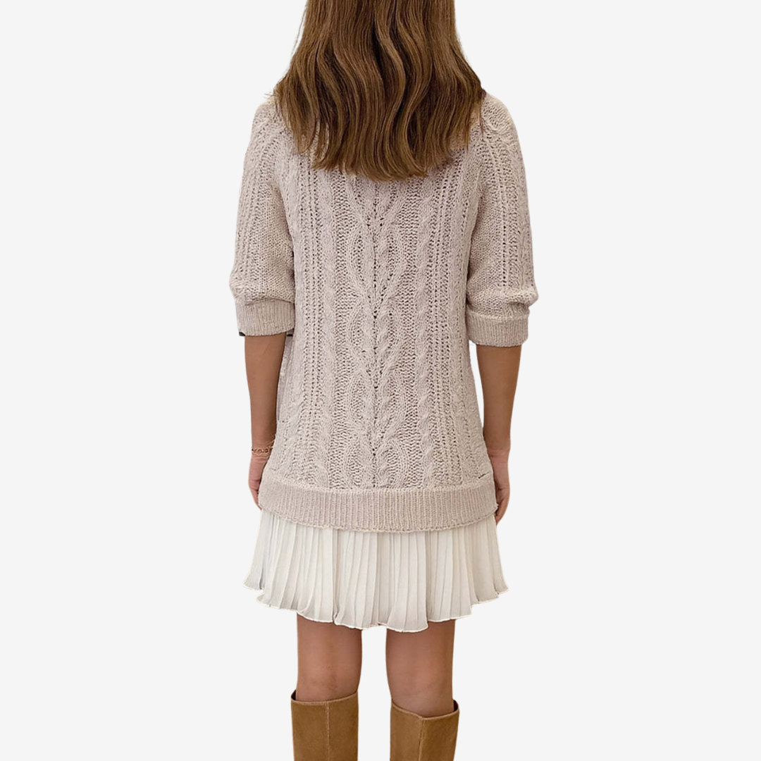 Women's Elegant Cable Knit Mini Dress with Pleated Skirt Hem and Classic