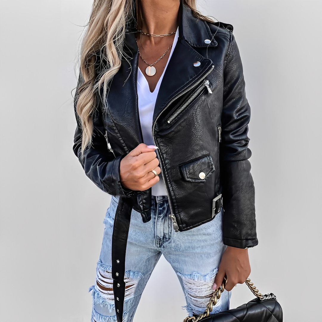 Women's Fitted Faux Leather Biker Jacket with Asymmetric Zip Fastening
