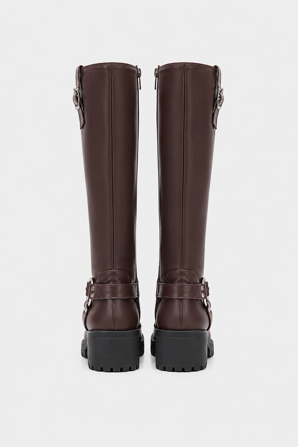 Knee-High Biker Boots with Harness and Cleated Sole