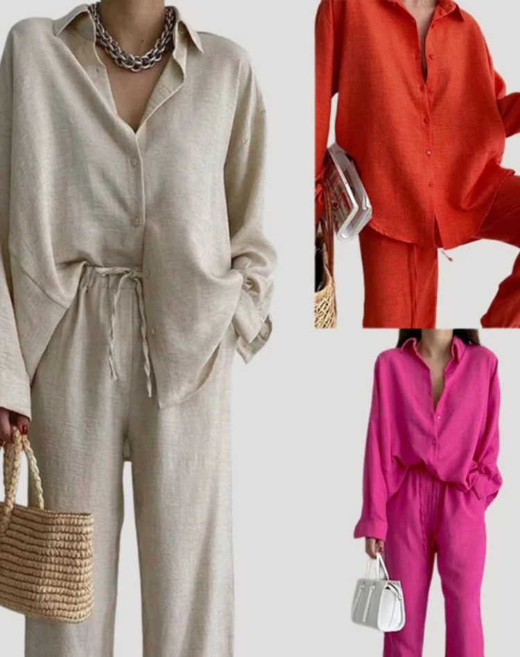 Linen Blend Set – Relaxed Blouse & Wide Leg Trousers Co-ord