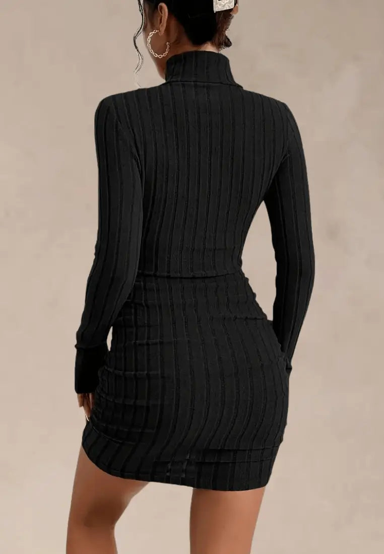 Women's Ribbed Knit Bodycon Mini Dress with High Turtleneck and Long