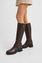 Knee-High Biker Boots with Harness and Cleated Sole