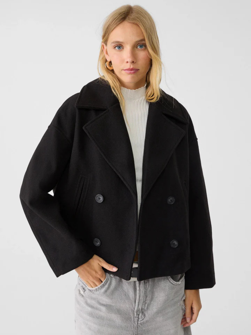 Cropped Double-Breasted Wool-Blend Jacket with Wide Collar
