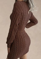 Women's Elegant Cable Knit V-Neck Mini Dress with Fitted Ribbed Waist