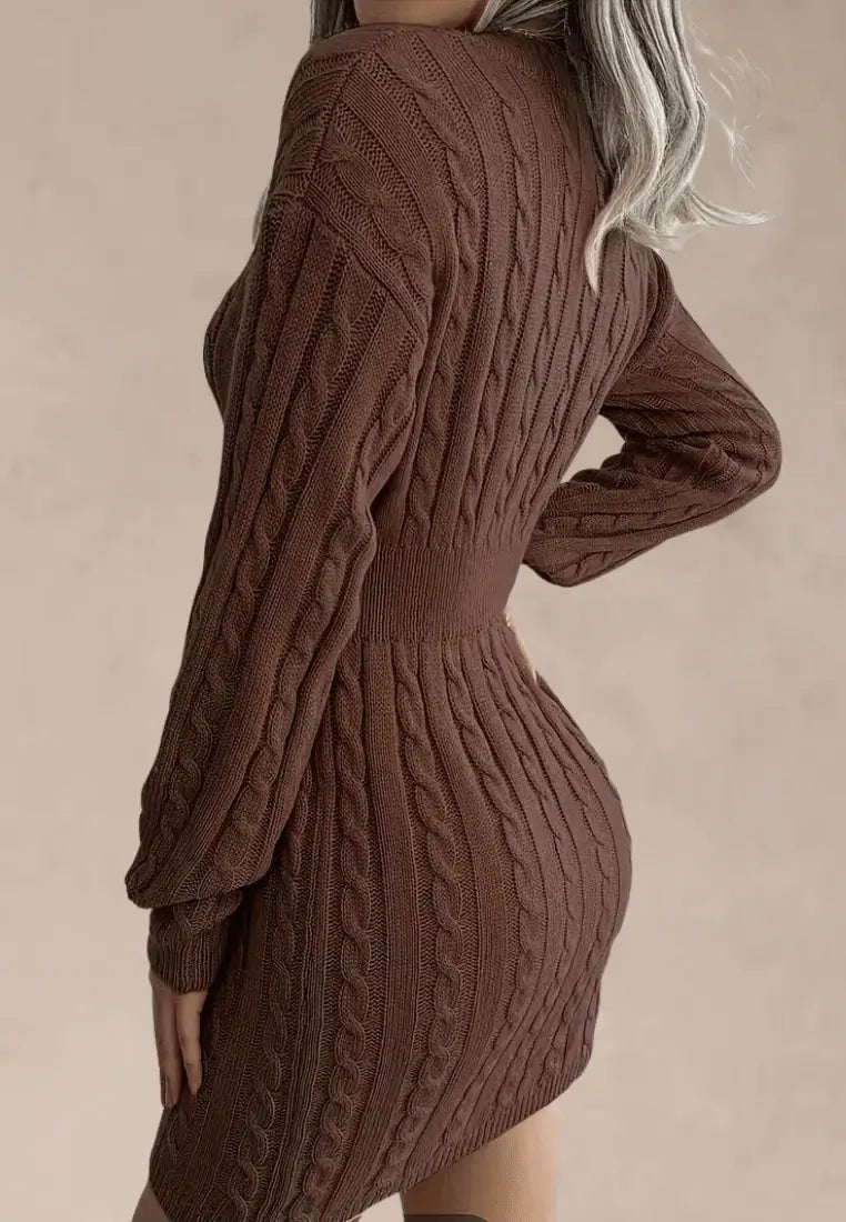 Women's Elegant Cable Knit V-Neck Mini Dress with Fitted Ribbed Waist