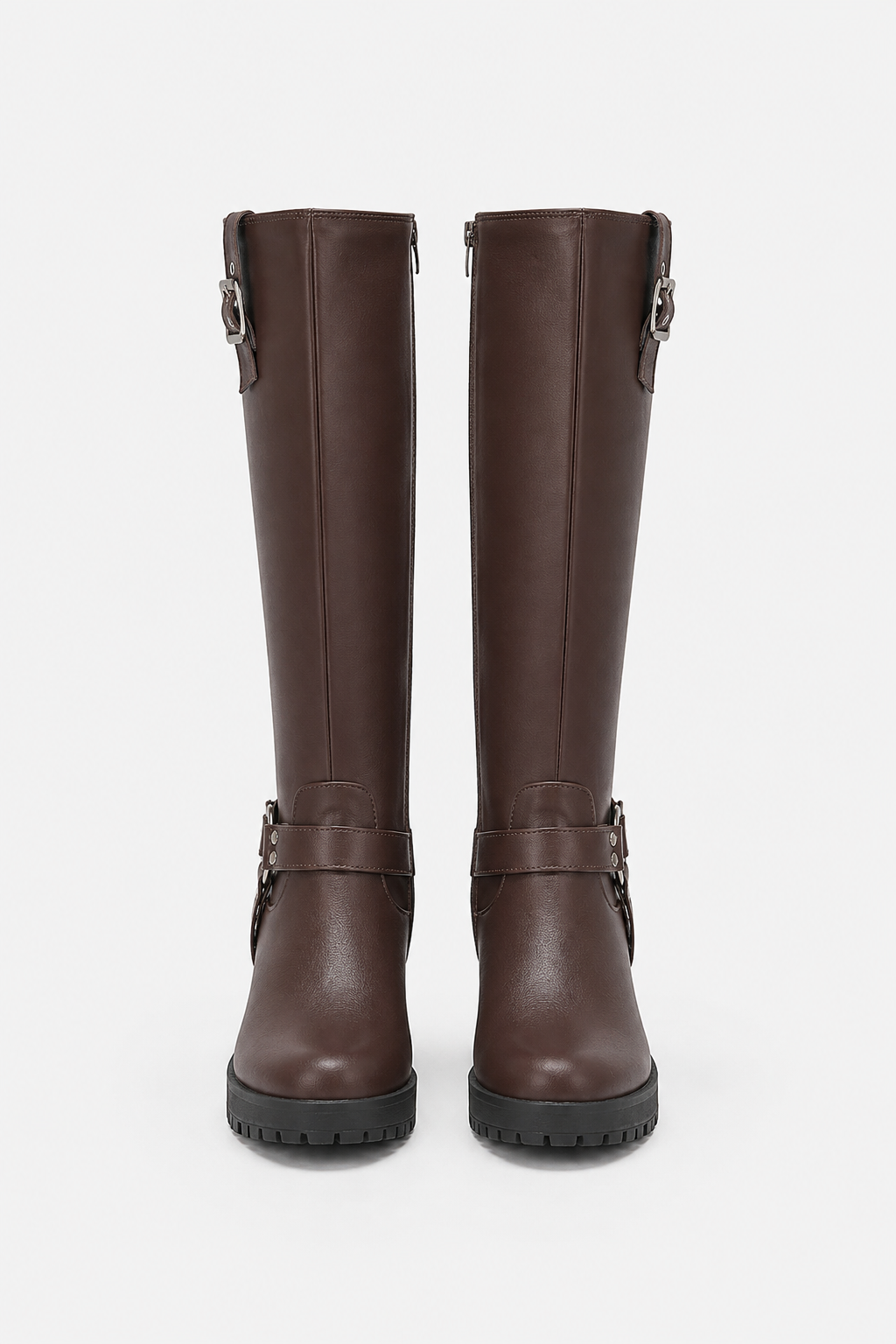 Knee-High Biker Boots with Harness and Cleated Sole