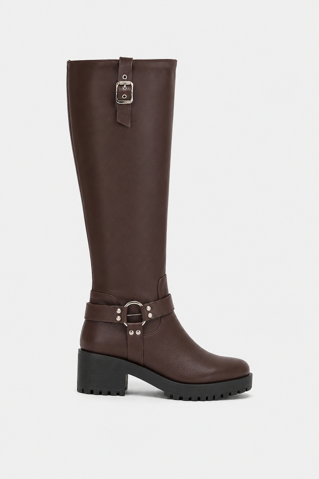 Knee-High Biker Boots with Harness and Cleated Sole