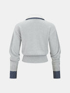 Women's Cropped Fine Knit Cardigan with Contrast Shirt Collar and Button