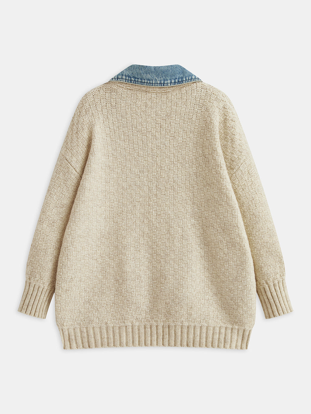 Women's Oversized Textured Knit Cardigan with Denim Panels and Snap Buttons