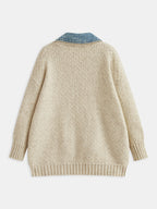 Women's Oversized Textured Knit Cardigan with Denim Panels and Snap Buttons