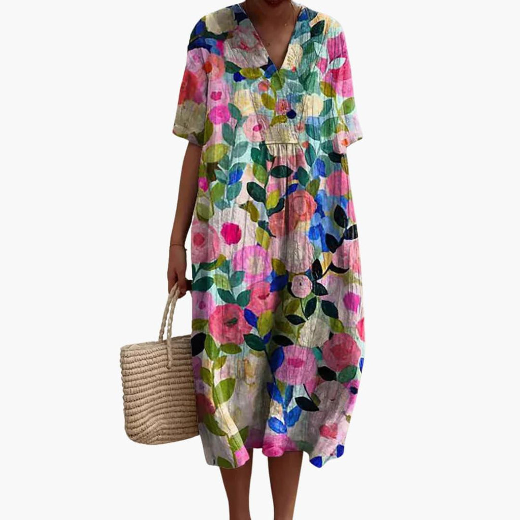 Floral V Neck Oversized Casual Midi Dress