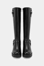 Knee-High Biker Boots with Harness and Cleated Sole