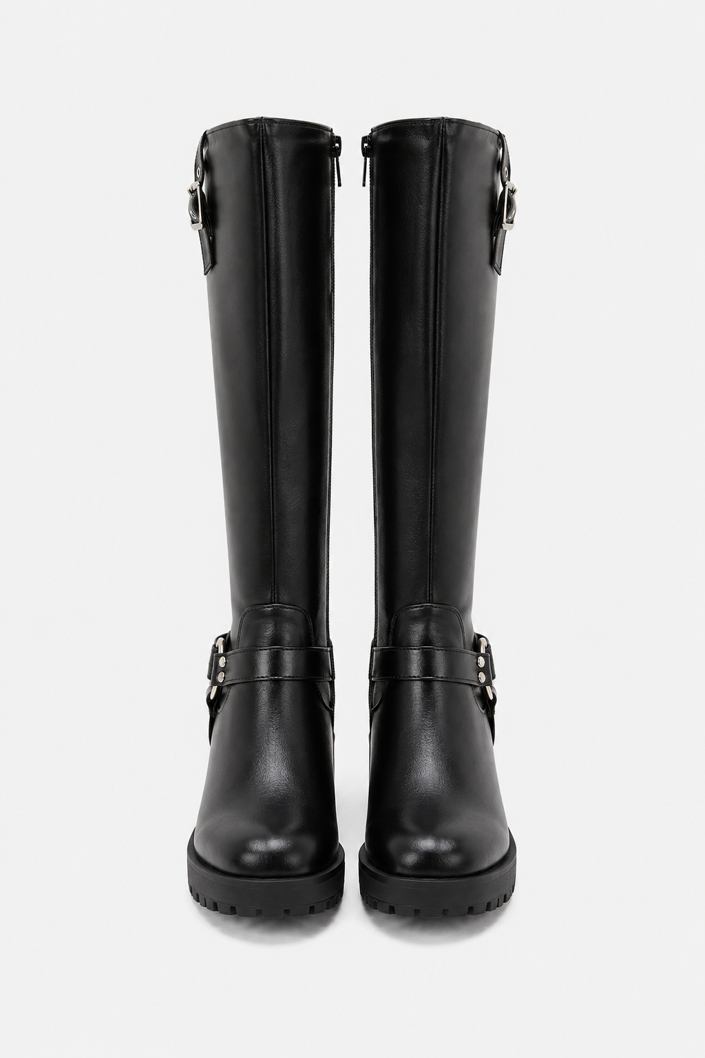 Knee-High Biker Boots with Harness and Cleated Sole