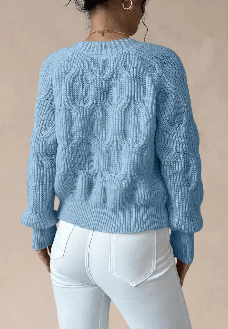 Women's Cable Knit Cardigan with Decorative Bows and V-Neck