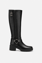 Knee-High Biker Boots with Harness and Cleated Sole