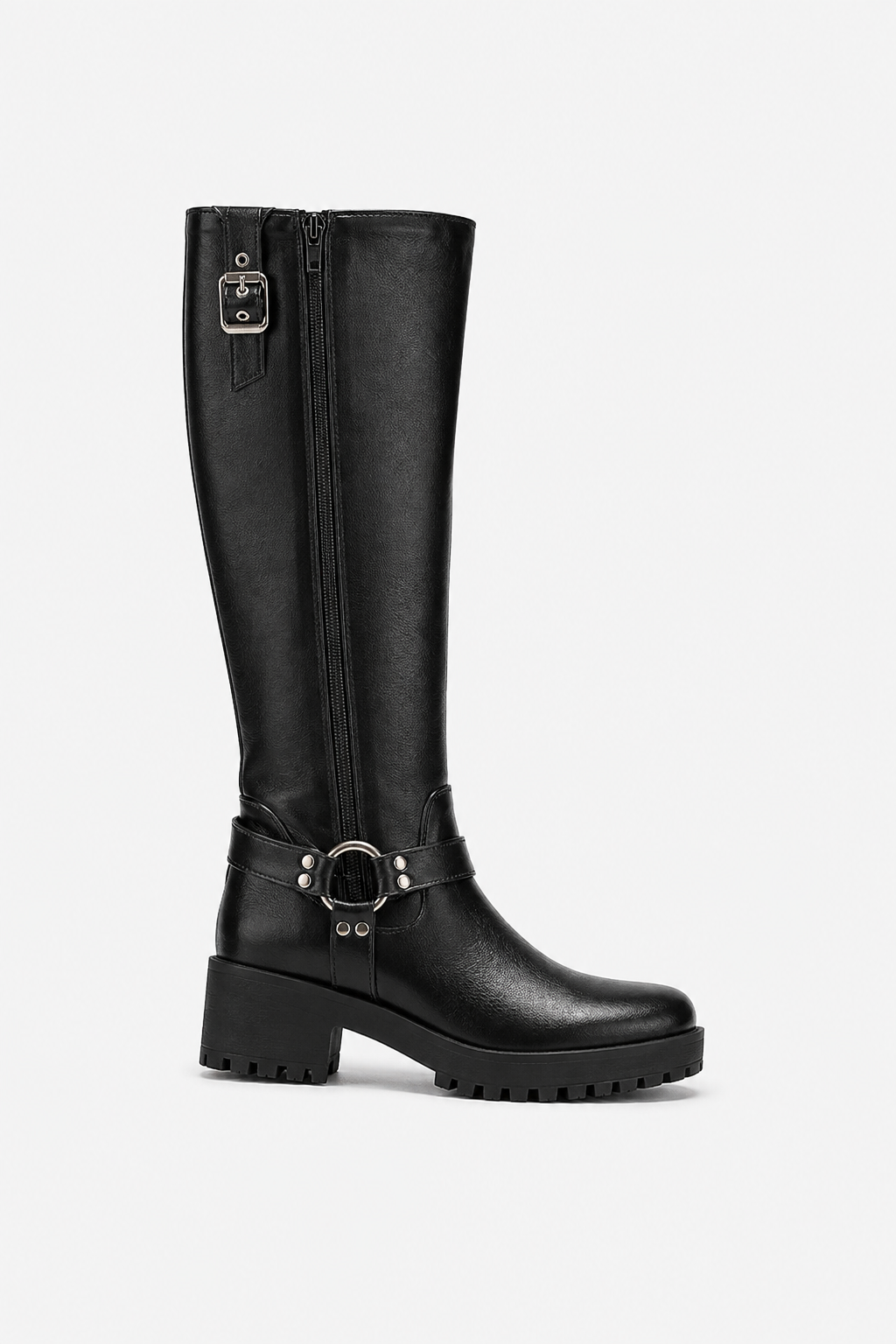 Knee-High Biker Boots with Harness and Cleated Sole