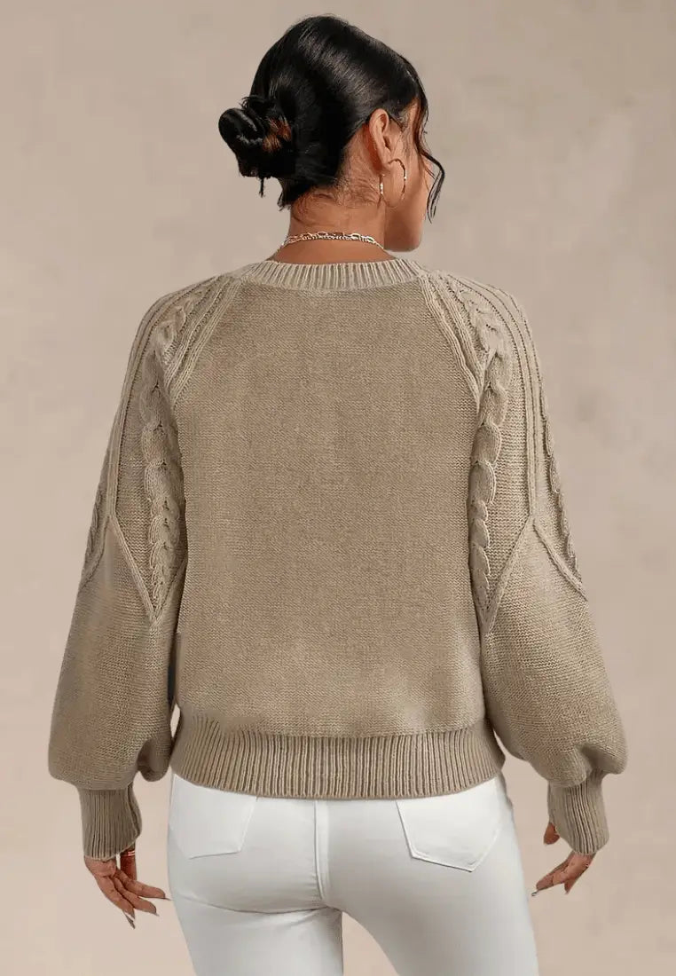 Women's Elegant Cable Knit Crew Neck Sweater with Puff Sleeves and Ribbed