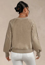 Women's Elegant Cable Knit Crew Neck Sweater with Puff Sleeves and Ribbed
