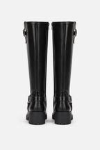 Knee-High Biker Boots with Harness and Cleated Sole