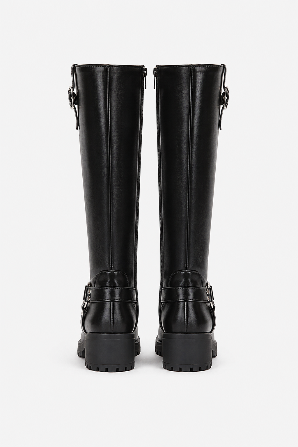Knee-High Biker Boots with Harness and Cleated Sole