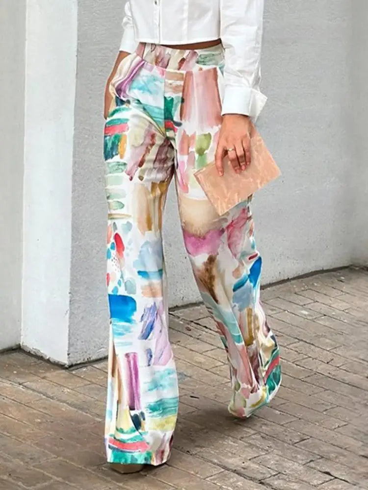 Women's Printed Wide-Leg Trousers – High-Waisted Cotton-Blend Style for Spring and Summer Everyday Wear
