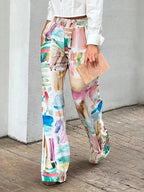 Women's Printed Wide-Leg Trousers – High-Waisted Cotton-Blend Style for Spring and Summer Everyday Wear