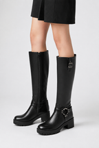 Knee-High Biker Boots with Harness and Cleated Sole