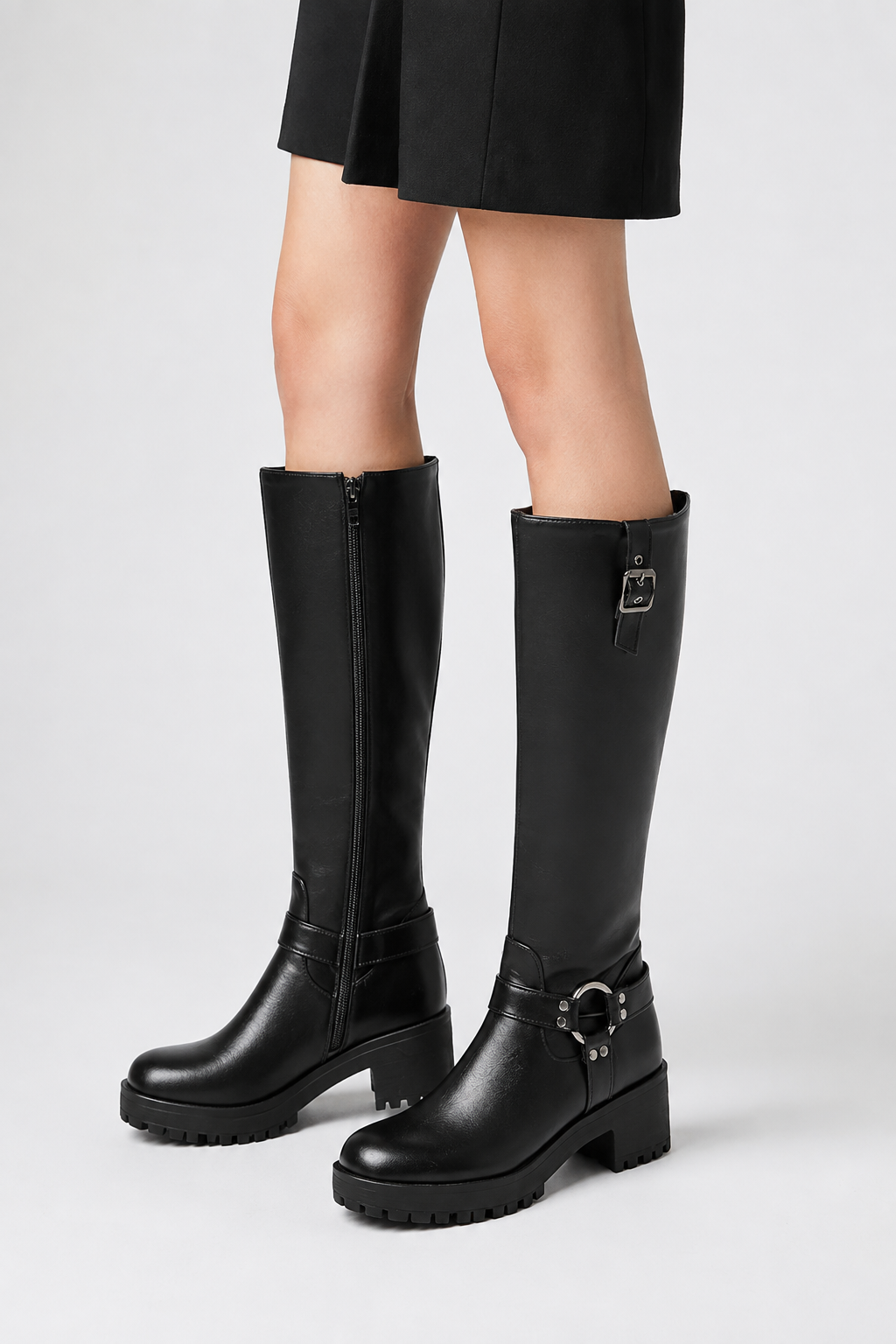 Knee-High Biker Boots with Harness and Cleated Sole