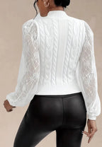 Women's Elegant Cable Knit Sweater with Sheer Floral Lace Balloon Sleeves