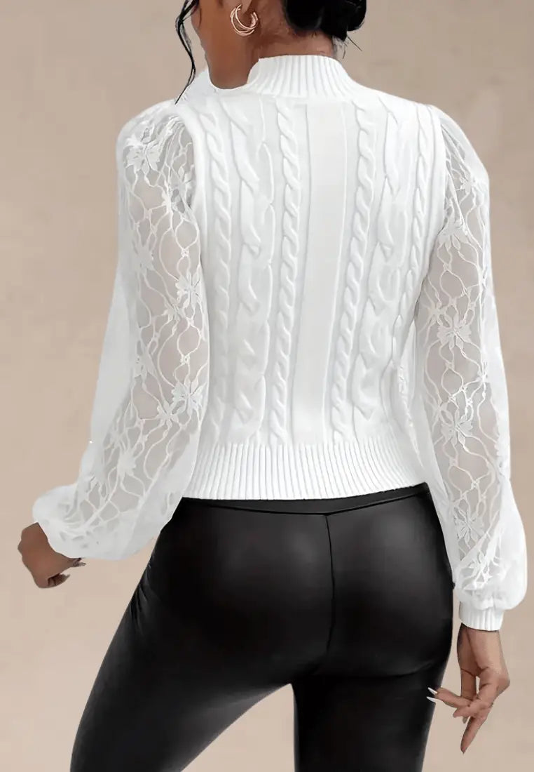 Women's Elegant Cable Knit Sweater with Sheer Floral Lace Balloon Sleeves