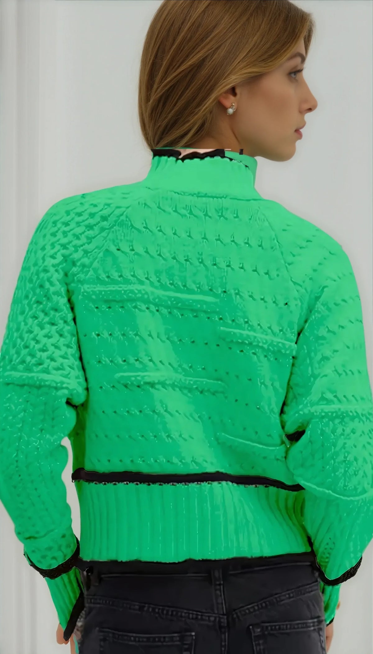 Geometric Cable Knit Jumper in Green – Contrast Trim