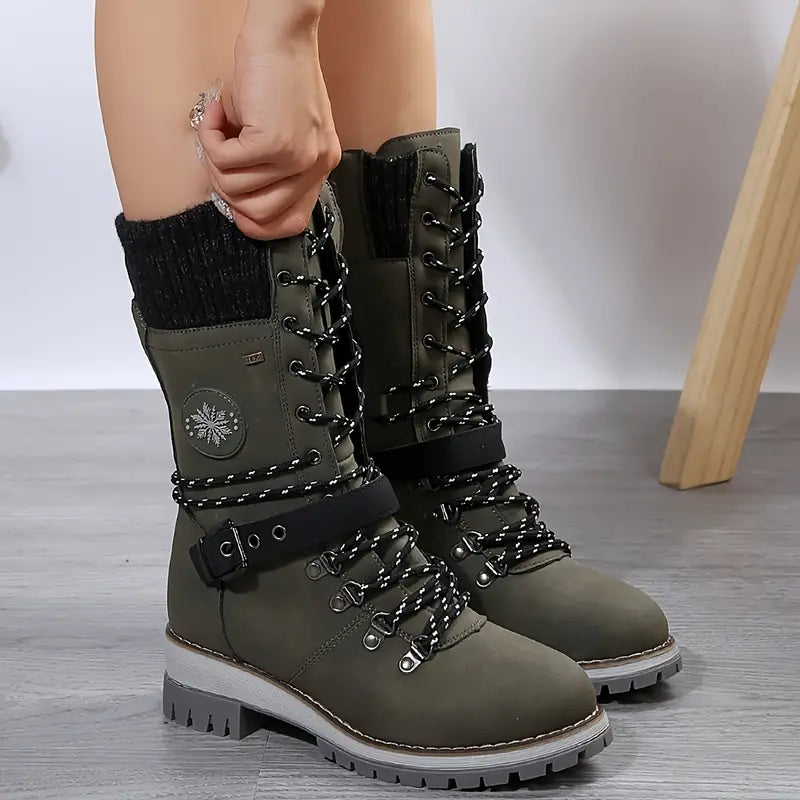 Women's Lace-Up Mid-Calf Winter Boots – Knitted-Cuff Zip-Up Chunky-Sole