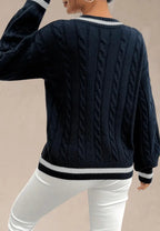 Women's Classic Cable Knit V-Neck Sweater with Contrast Ribbed Trim