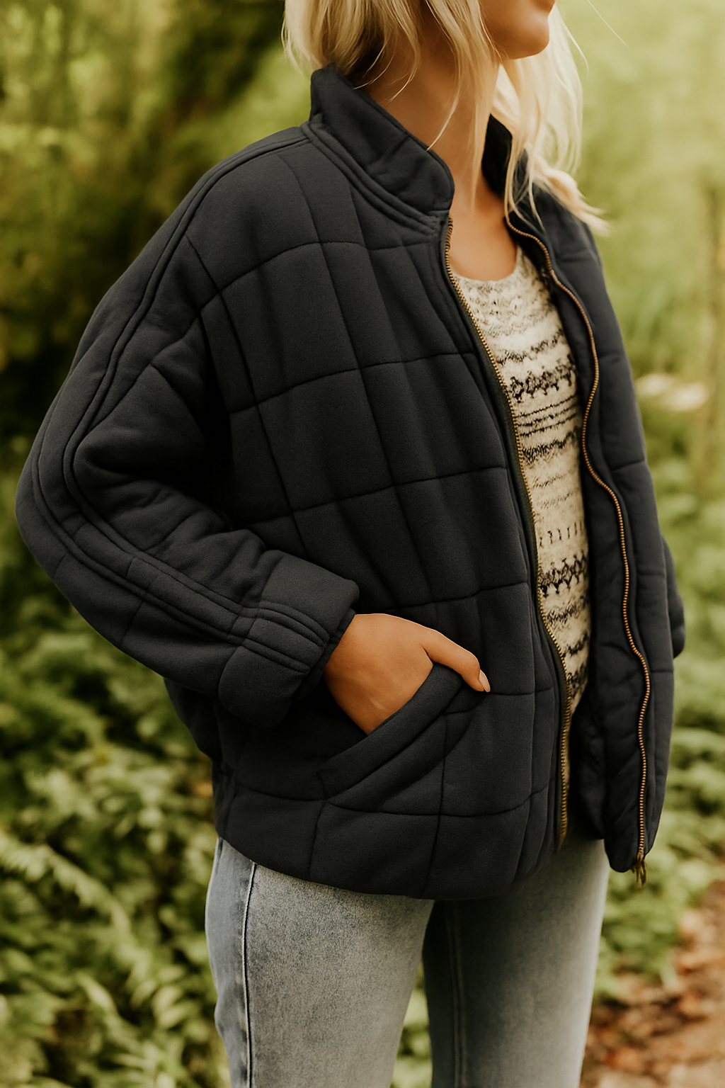 Quilted Jacket with Stand Collar – Clean Sleek Lines