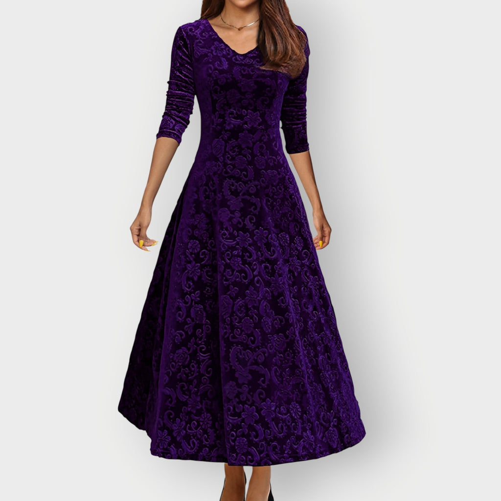 Velvet Jacquard Midi Dress V-Neck Flared | Meave & Ivy