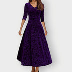 Velvet Jacquard Midi Dress V-Neck Flared | Meave & Ivy