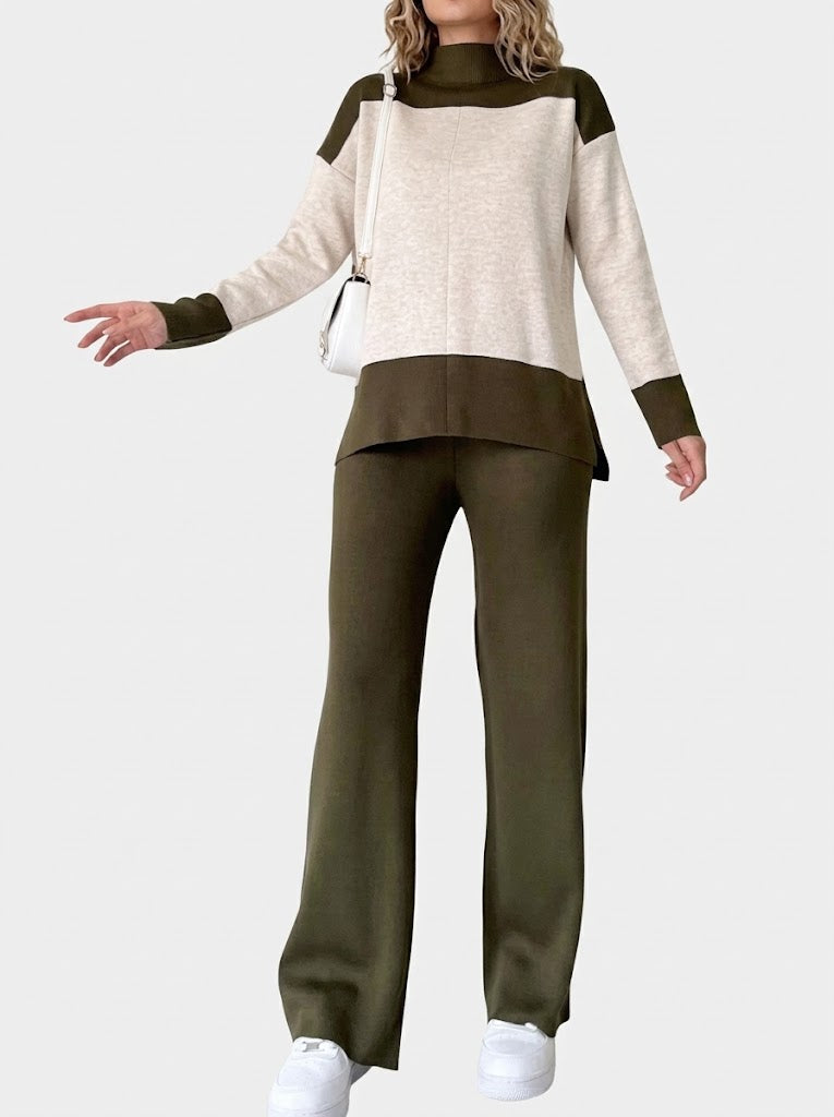 Women's Colour-Block Knit Co-Ord Set – High-Neck Long-Sleeve Top