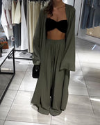 Women's linen-look Kimono Trouser Set – Longline Open-Front Layer
