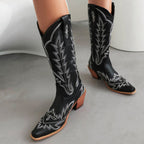 Women's Embroidered Knee-High Western Boots with Pointed Toes