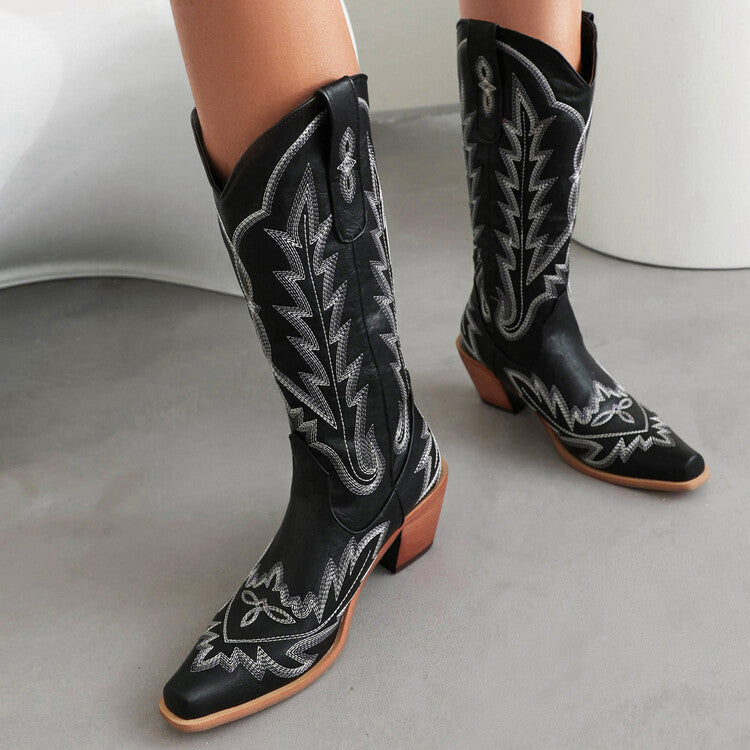 Women's Embroidered Knee-High Western Boots with Pointed Toes