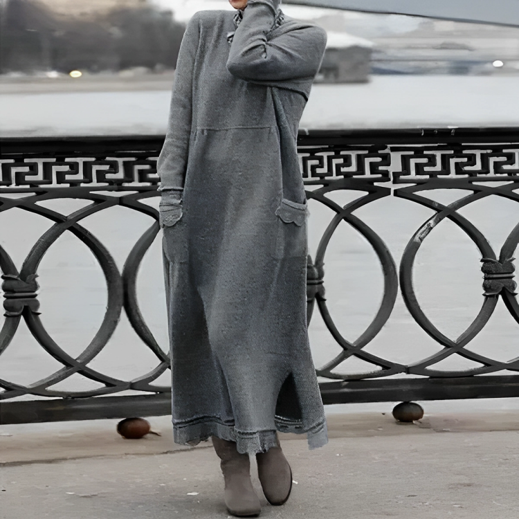 Women's Long-Sleeve Knitted Maxi Dress – Relaxed High-Neck Style