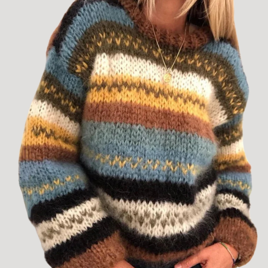 Women's Oversized Striped Sweater with Fluffy Textured Knit