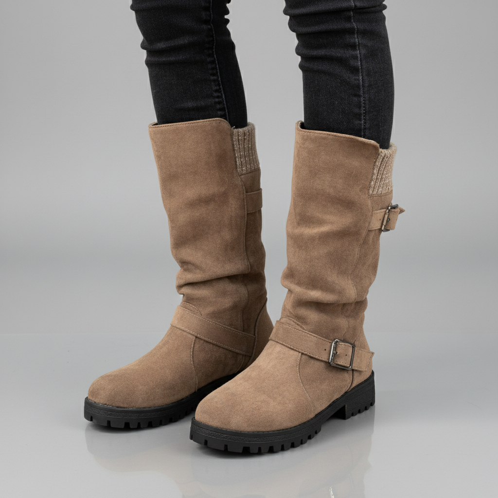 Knit Cuff Ankle Boots with Buckle – Women's Chunky Winter Boots