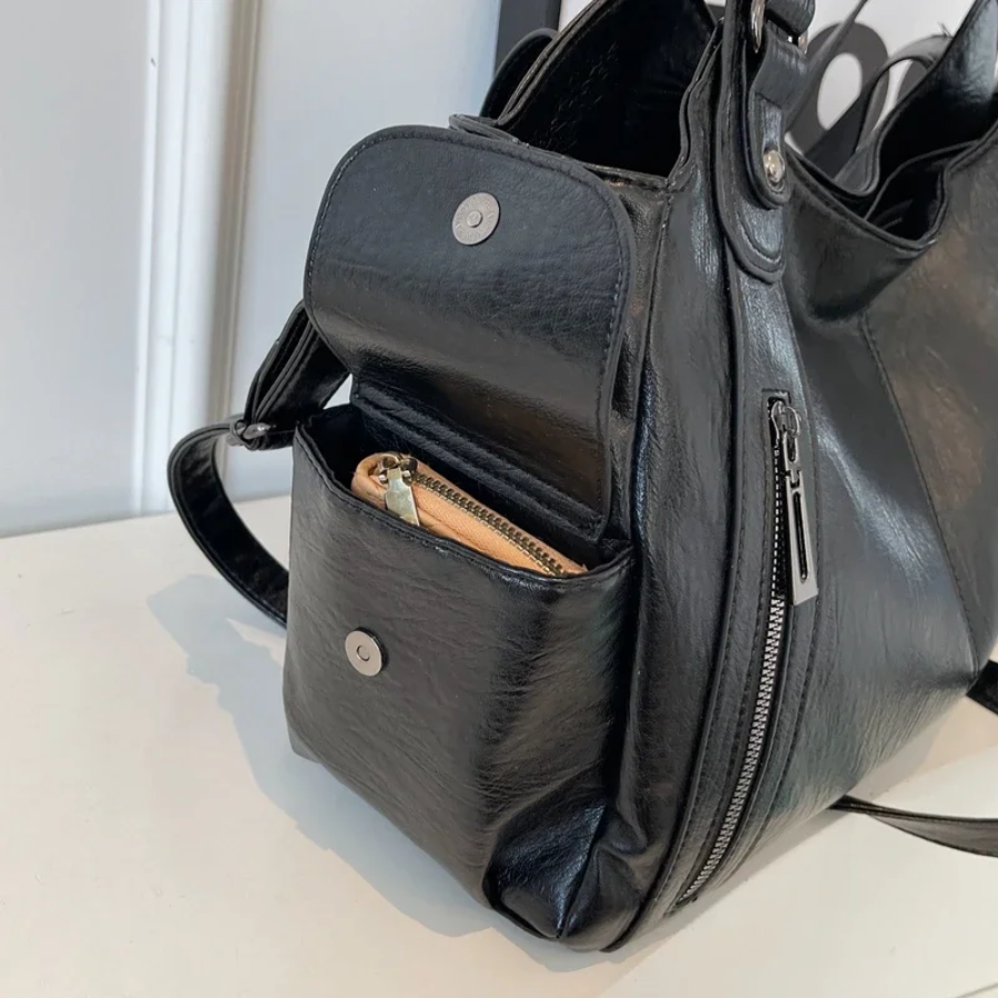 Women's Vegan Leather Shoulder Tote with Zip Pockets