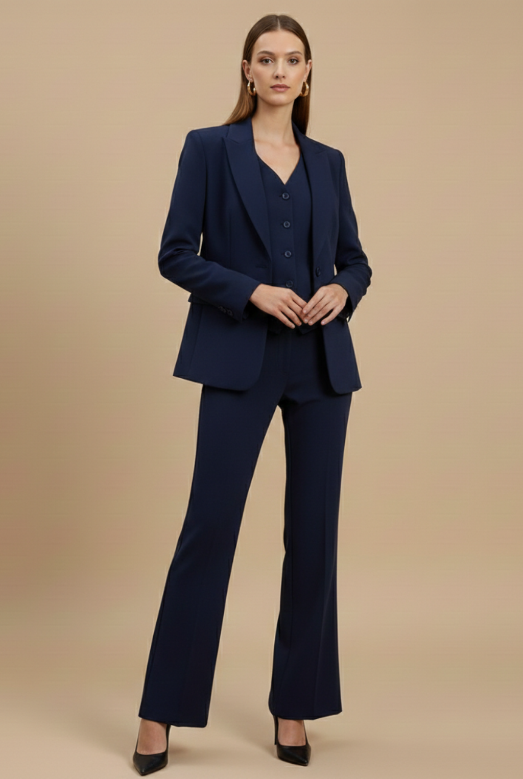 Women's Three-Piece Tailored Suit – Fitted Blazer Vest and Flared Trouser