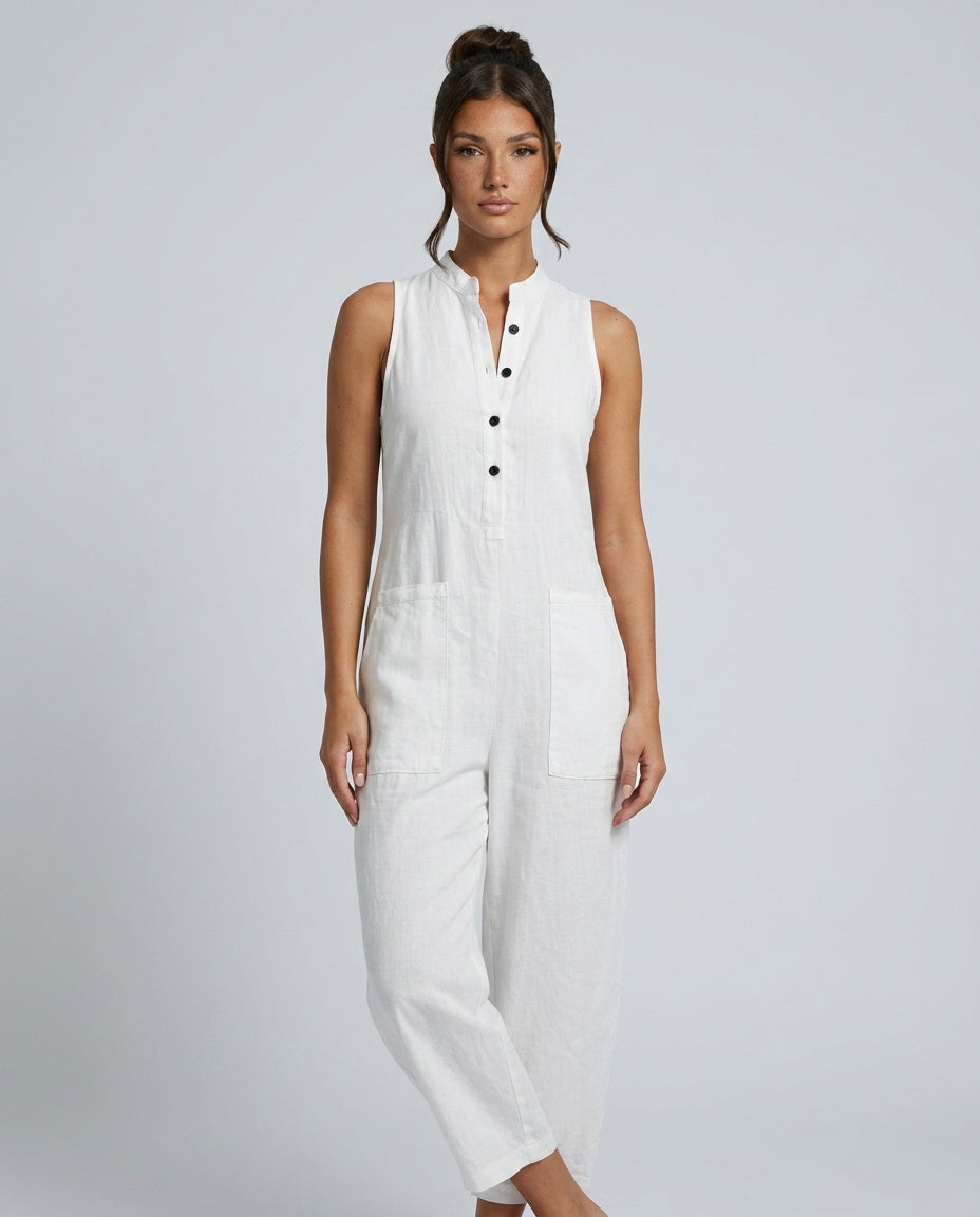 Linen-Blend Sleeveless Loose Jumpsuit