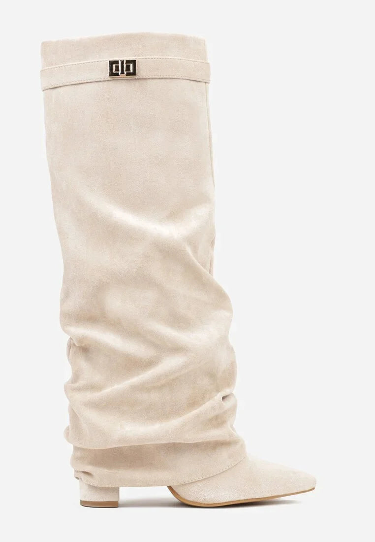 Slouch Boots with Low Heel & Pointed Toe – Women's Ruched Boots