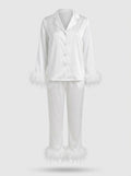 Women's Feather-Trim Trouser Co-Ord Set – Cropped Tie-Front Top