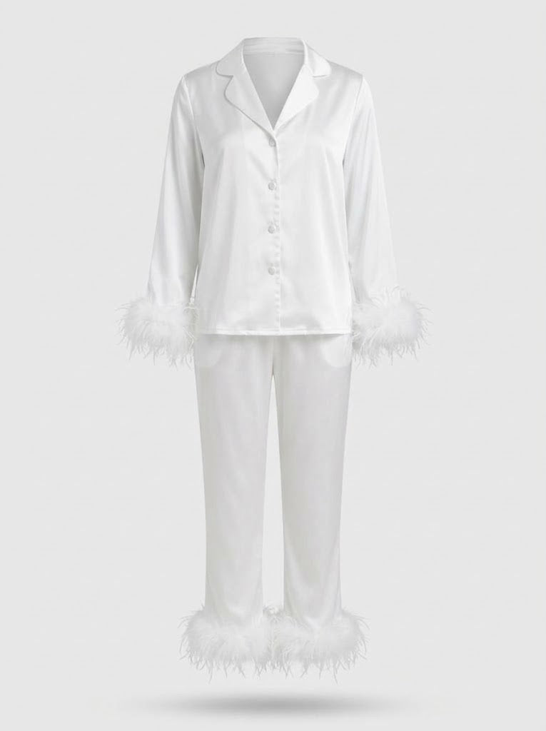 Women's Feather-Trim Trouser Co-Ord Set – Cropped Tie-Front Top