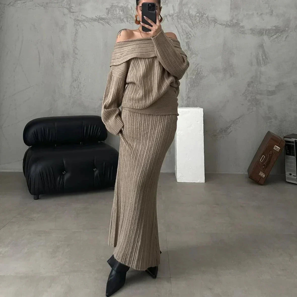 Women's Off-Shoulder Ribbed Knit Jumper and Fitted Maxi Skirt Set